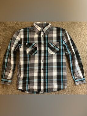 Boys Airwalk Gray, Black & Blue Plaid Button-Down Shirt